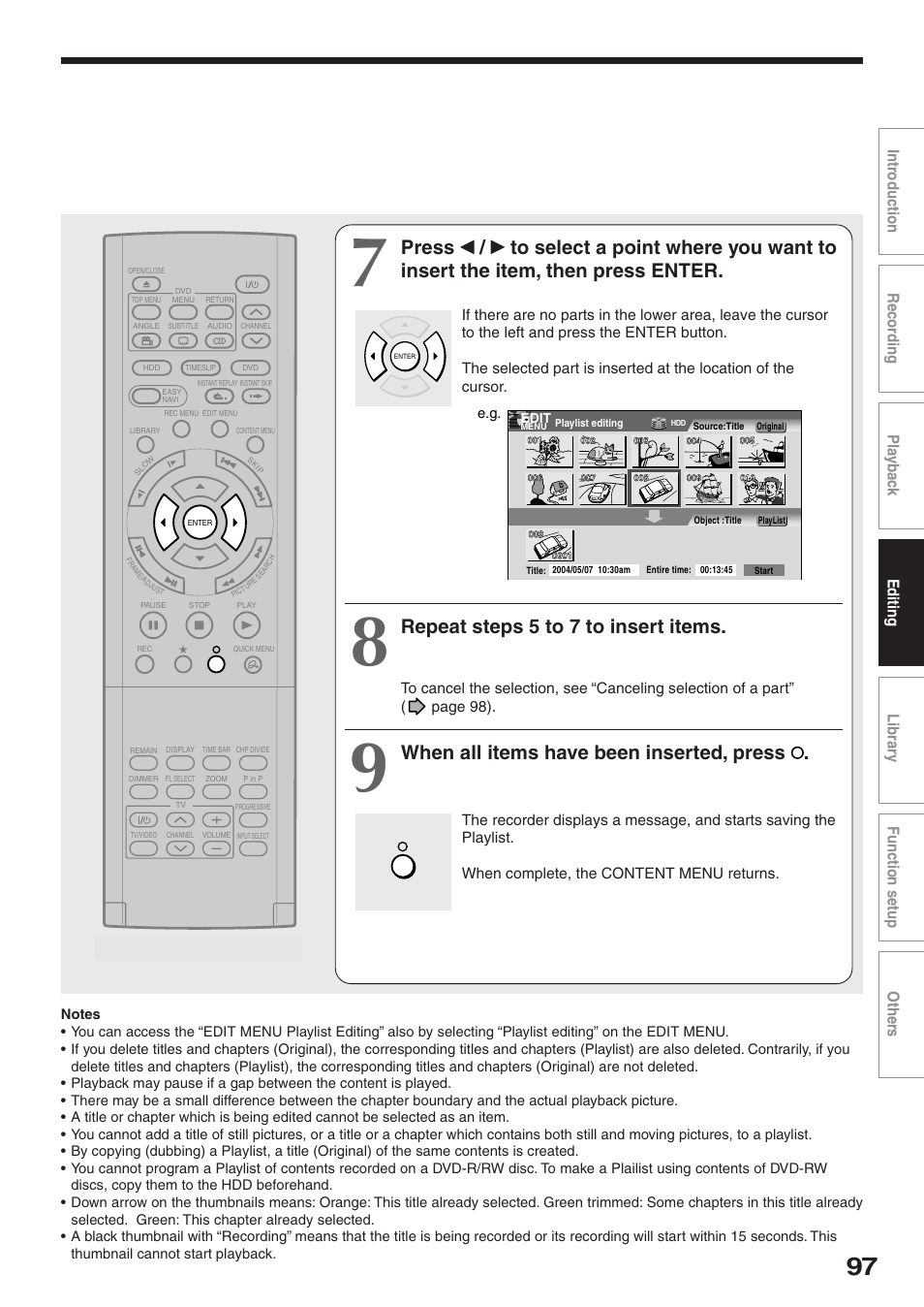 Repeat steps 5 to 7 to insert items, When all items have been inserted, press | Toshiba RD-XS32SU User Manual | Page 97 / 179