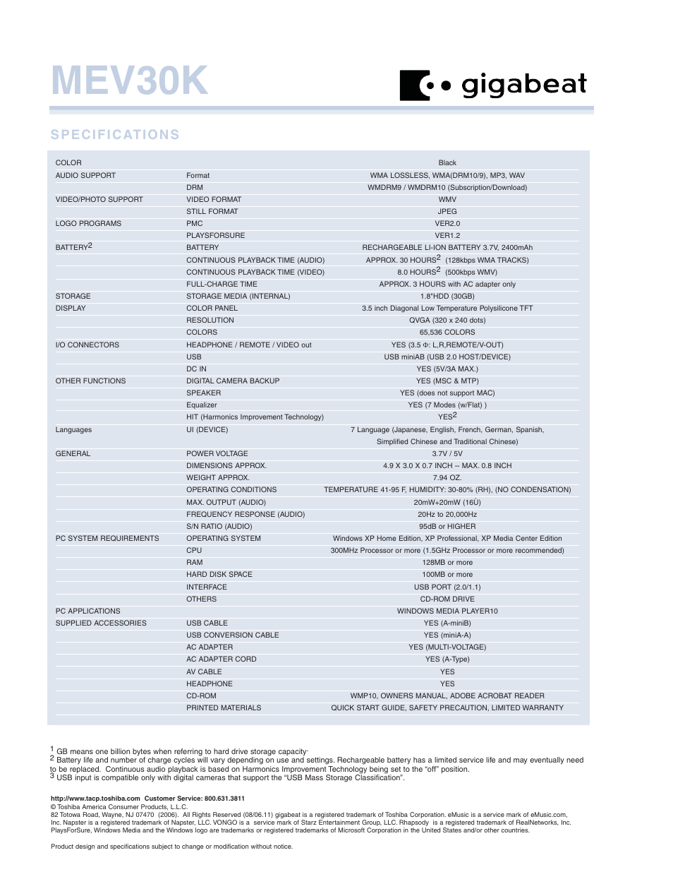 Mev30k | Toshiba gigabeat V Series MEV30K User Manual | Page 2 / 2