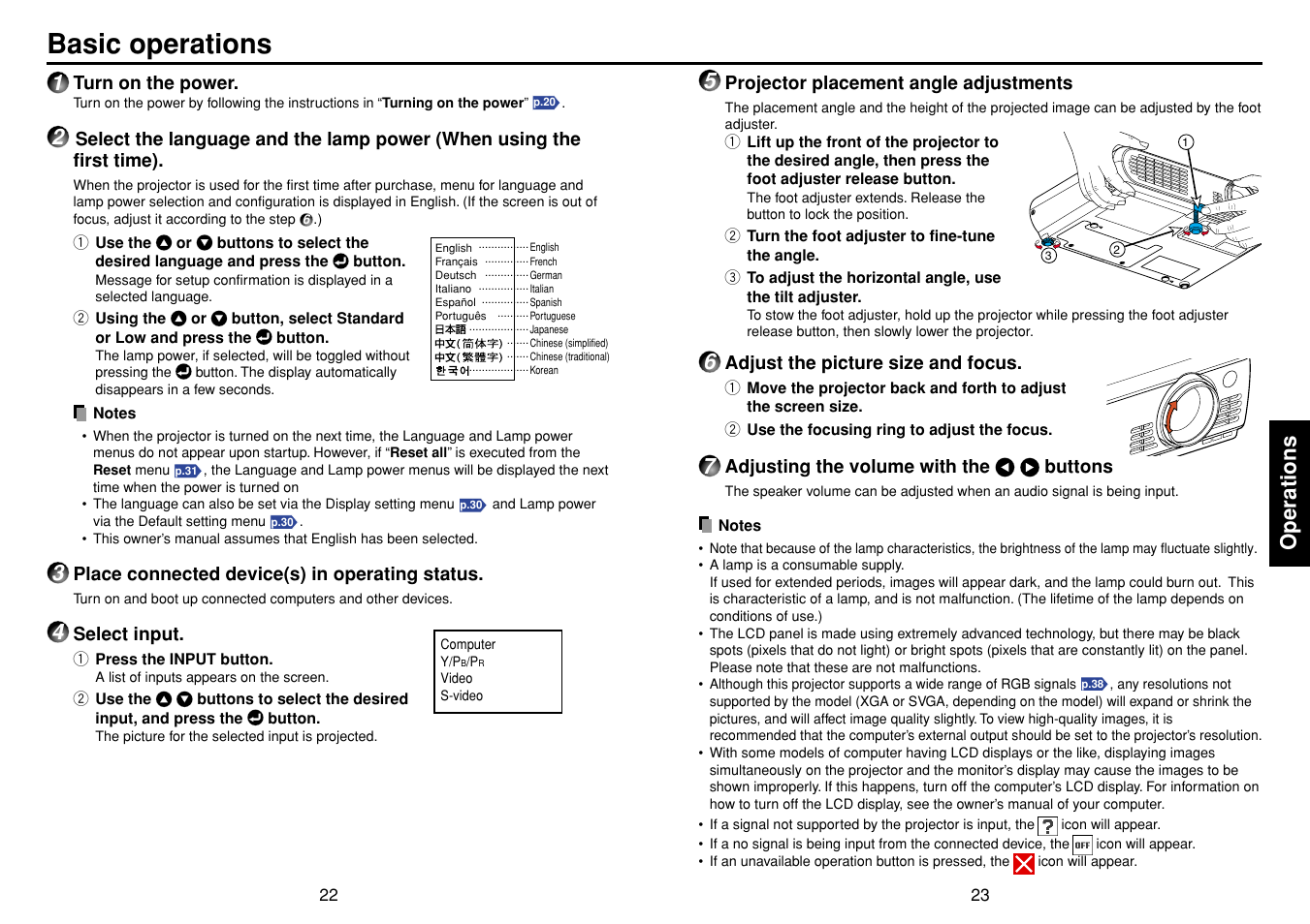 Basic operations, P.23, P.22 | Operations | Toshiba TLP-S10 User Manual | Page 12 / 22