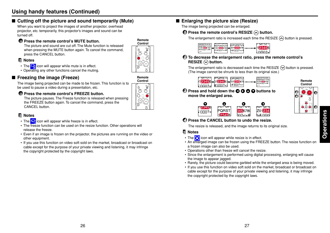 Freezing the image (freeze), Enlarging the picture size (resize), P.26 | P.27, Operations, Using handy features (continued) | Toshiba TLP-S10 User Manual | Page 14 / 22