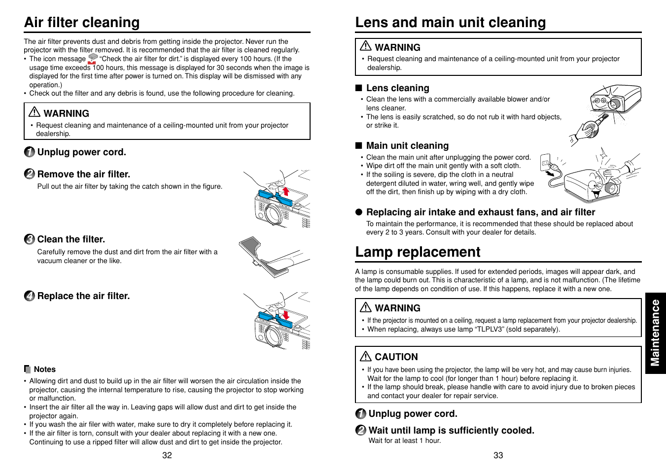 Maintenance, Air filter cleaning, Lens and main unit cleaning | Lamp replacement | Toshiba TLP-S10 User Manual | Page 17 / 22