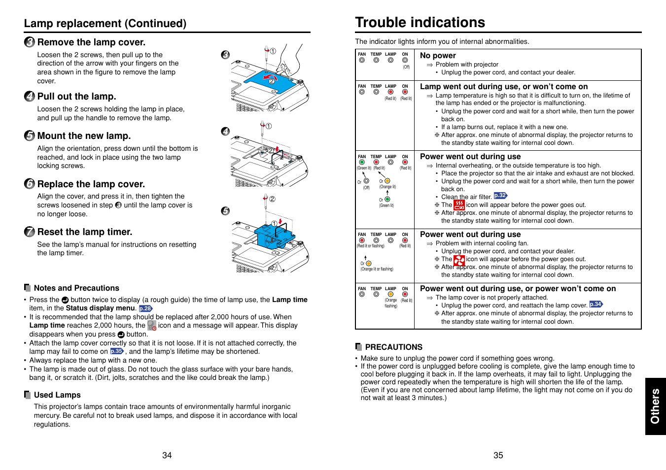 Others, Trouble indications, P.34 | P.35, Other s, Lamp replacement (continued), Remove the lamp cover, Pull out the lamp, Mount the new lamp, Replace the lamp cover | Toshiba TLP-S10 User Manual | Page 18 / 22