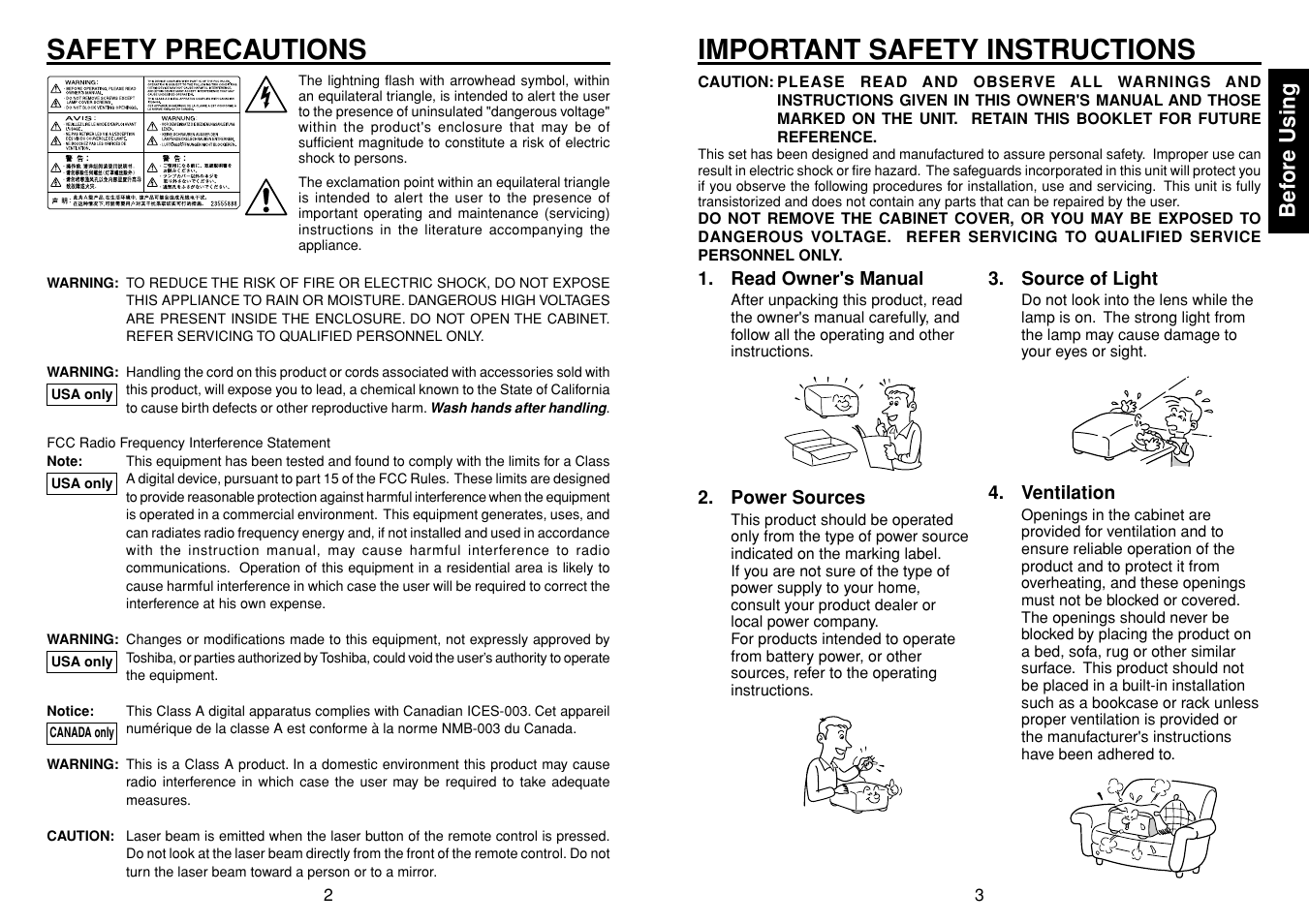 Before using, Safety precautions, Important safety instructions | Bef ore using | Toshiba TLP-S10 User Manual | Page 2 / 22