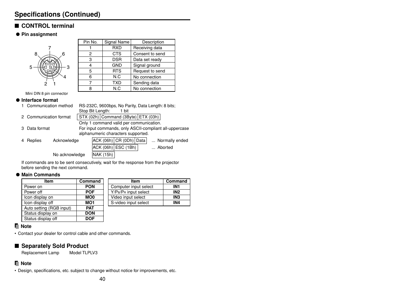Control terminal, Separately sold product, P.40 | Specifications (continued) | Toshiba TLP-S10 User Manual | Page 21 / 22