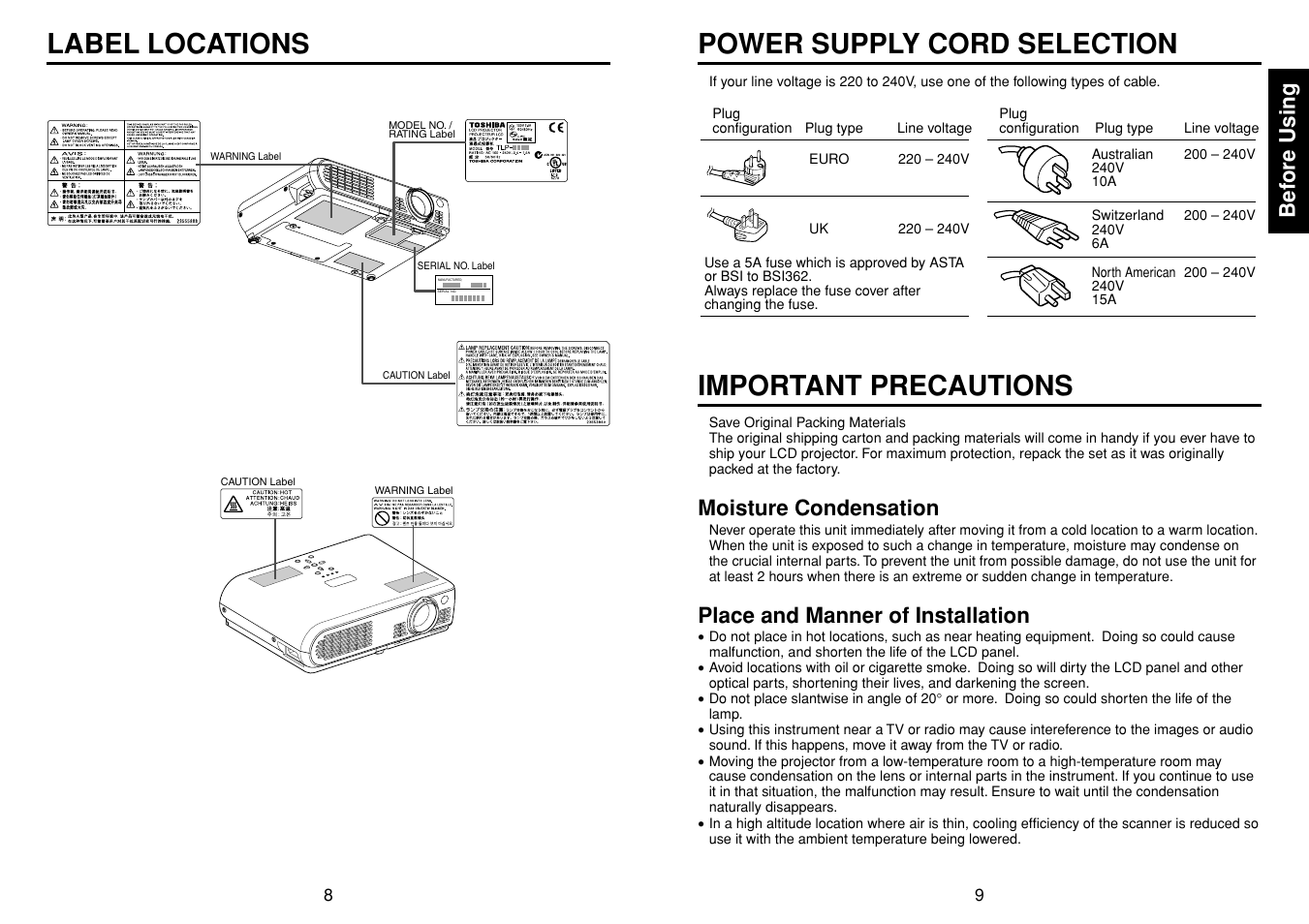 Label locations, Power supply cord selection, Important precautions | Bef ore using, Moisture condensation, Place and manner of installation | Toshiba TLP-S10 User Manual | Page 5 / 22