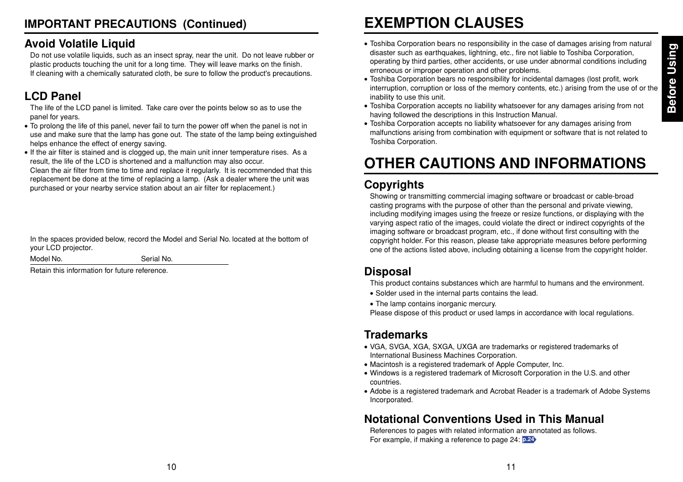 Exemption clauses, Other cautions and informations | Toshiba TLP-S10 User Manual | Page 6 / 22