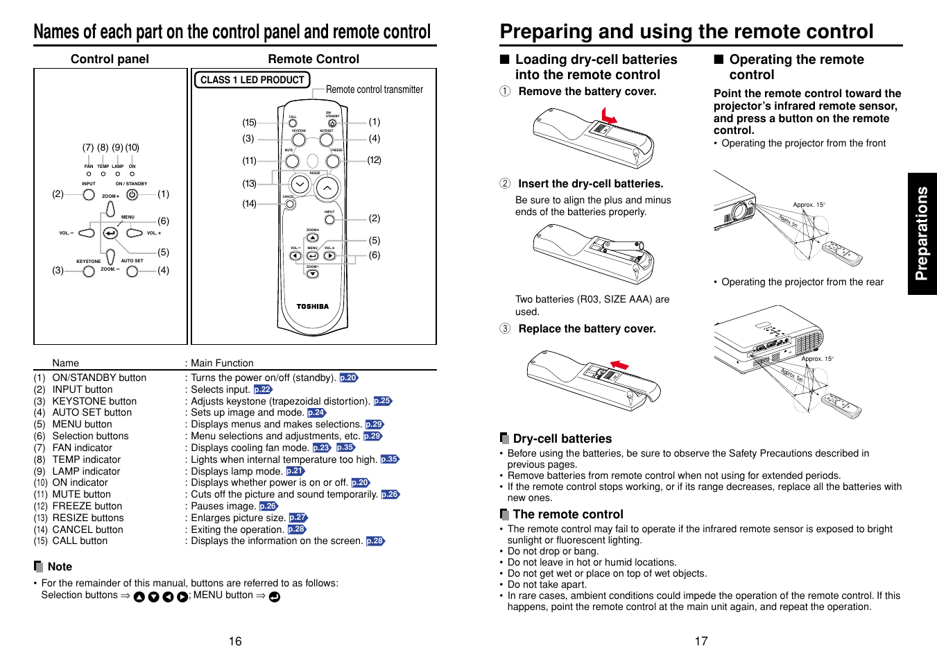Preparing and using the remote control, P.17, P.16 | Preparations, Operating the remote control, Loading dry-cell batteries into the remote control, Dry-cell batteries, The remote control, Control panel, Remote control | Toshiba TLP-S10 User Manual | Page 9 / 22