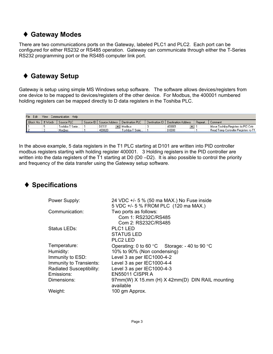 Gateway modes, Gateway setup, Specifications | Toshiba T1-40 PLC User Manual | Page 3 / 4
