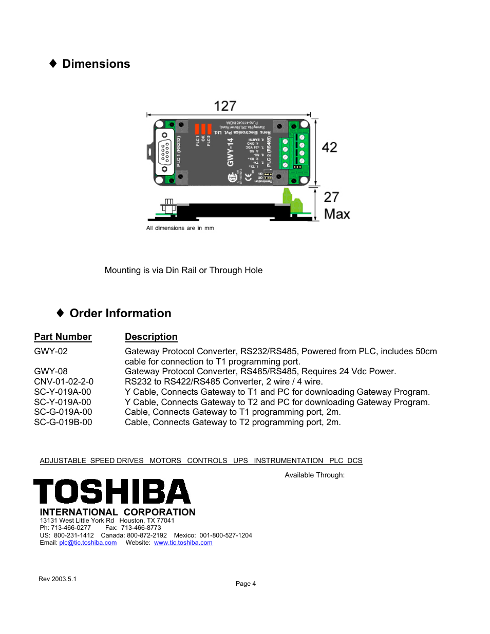 Dimensions, Order information | Toshiba T1-40 PLC User Manual | Page 4 / 4