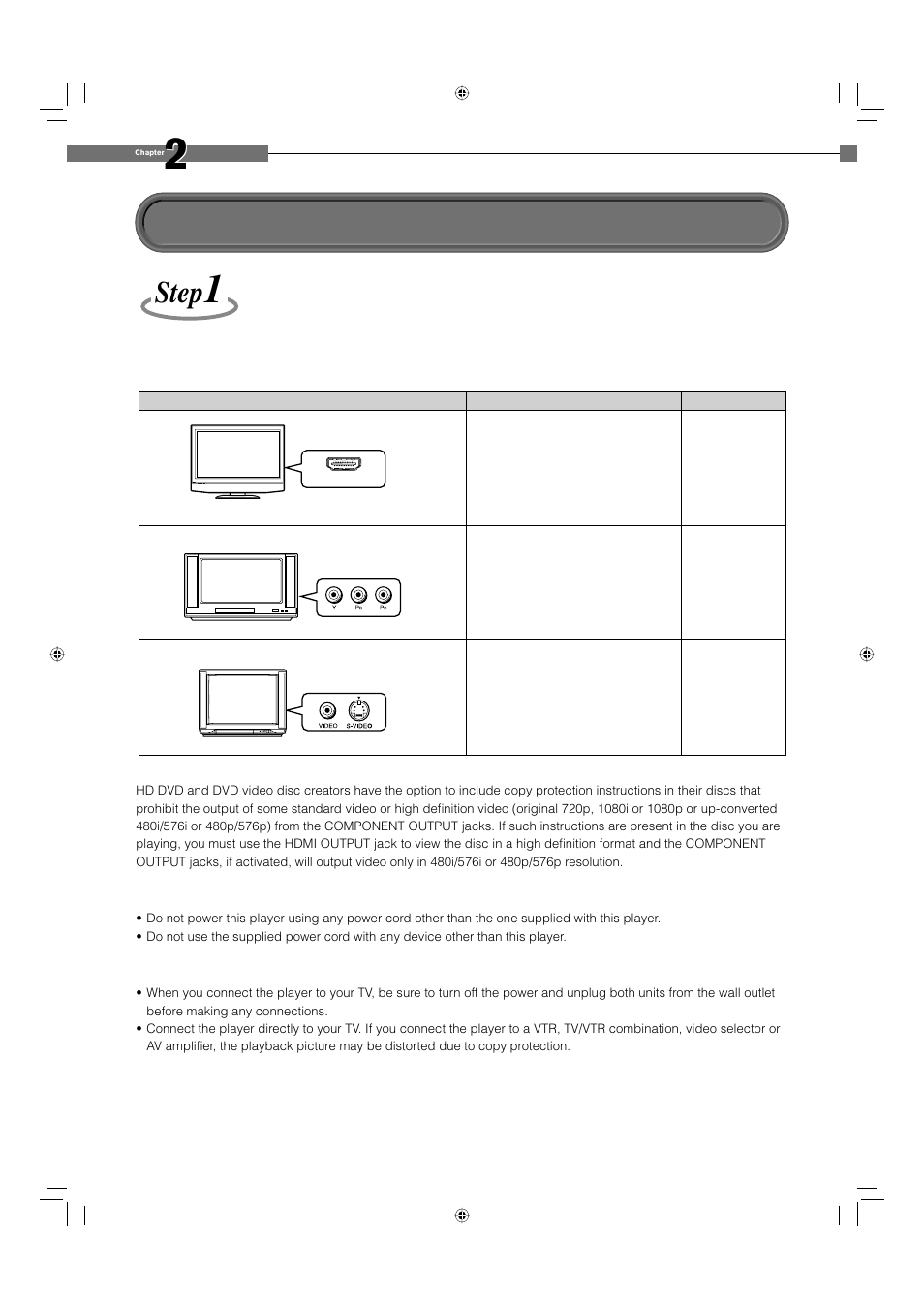 Connecting to a tv, Step | Toshiba HD-EP10 User Manual | Page 20 / 72