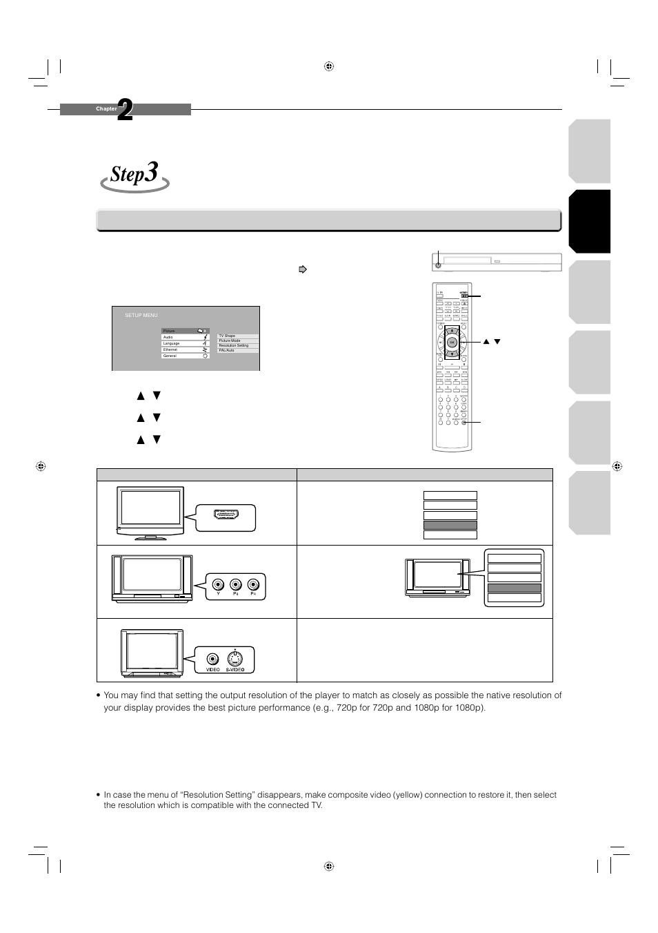 Step, Confi gure settings for your display, Setting of video output resolution of this player | Toshiba HD-EP10 User Manual | Page 23 / 72