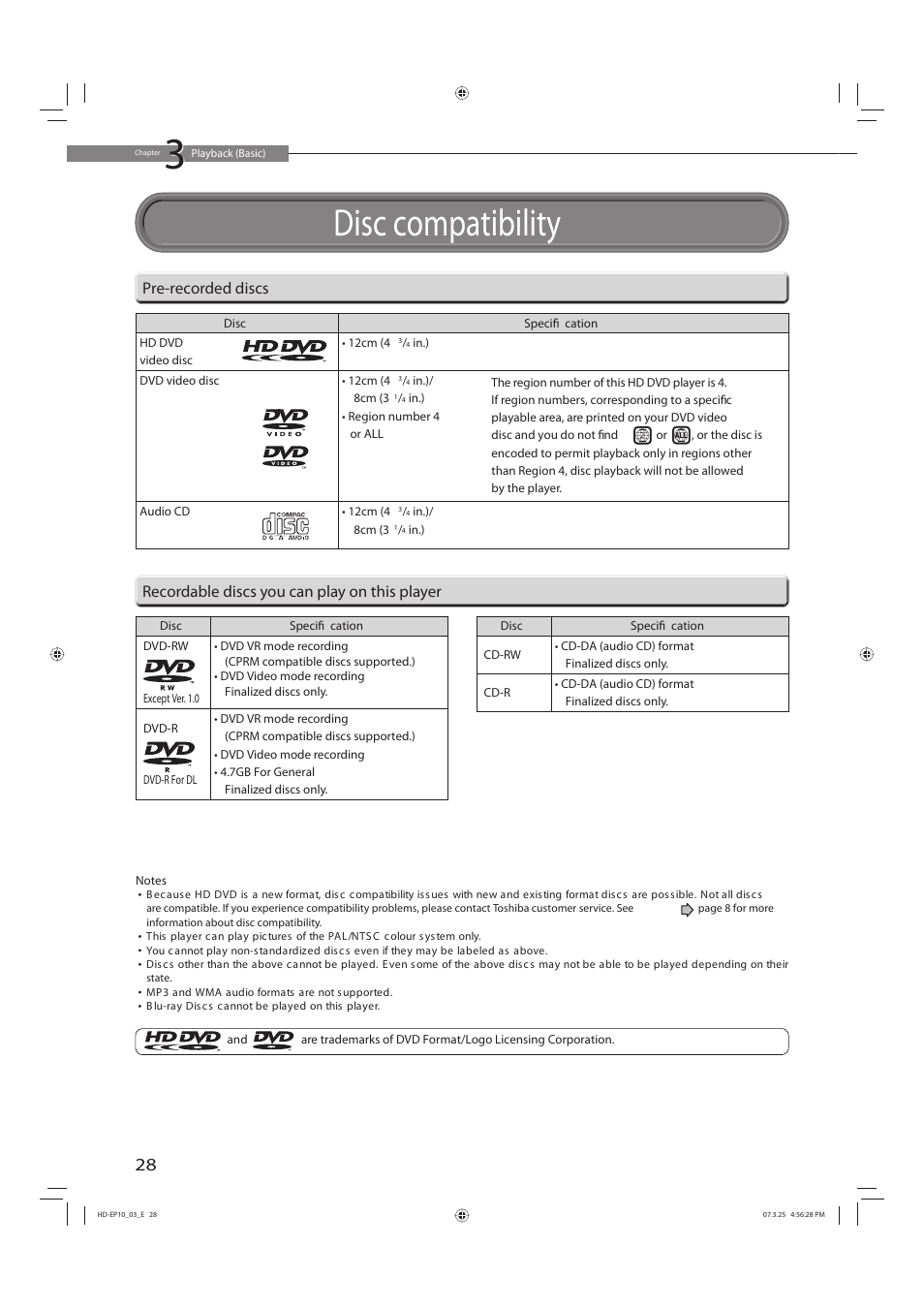 Disc compatibility | Toshiba HD-EP10 User Manual | Page 28 / 72