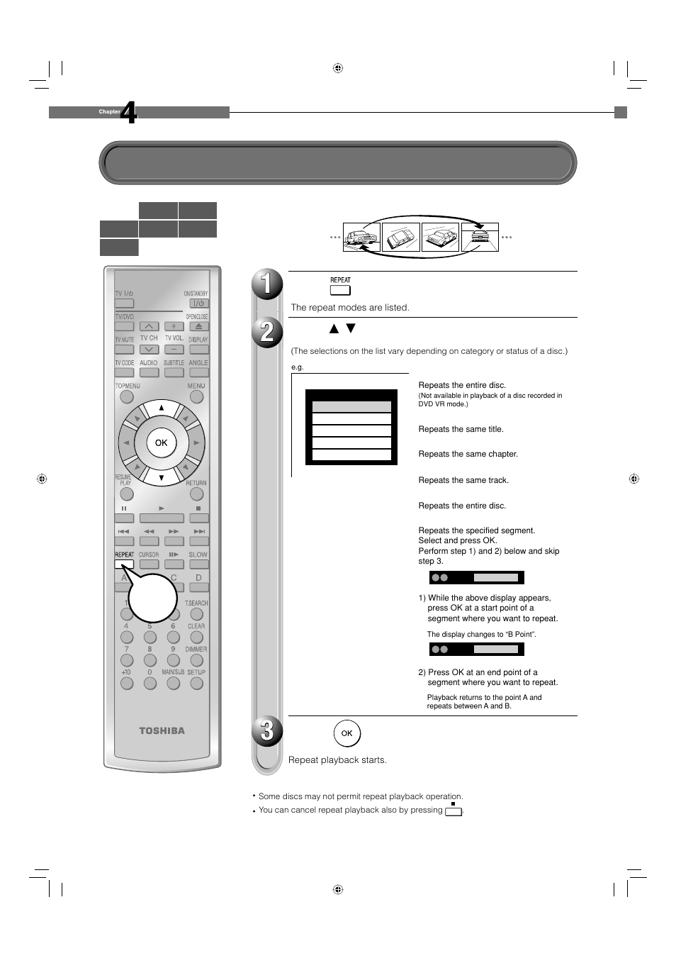 Repeat playback, Start | Toshiba HD-EP10 User Manual | Page 38 / 72