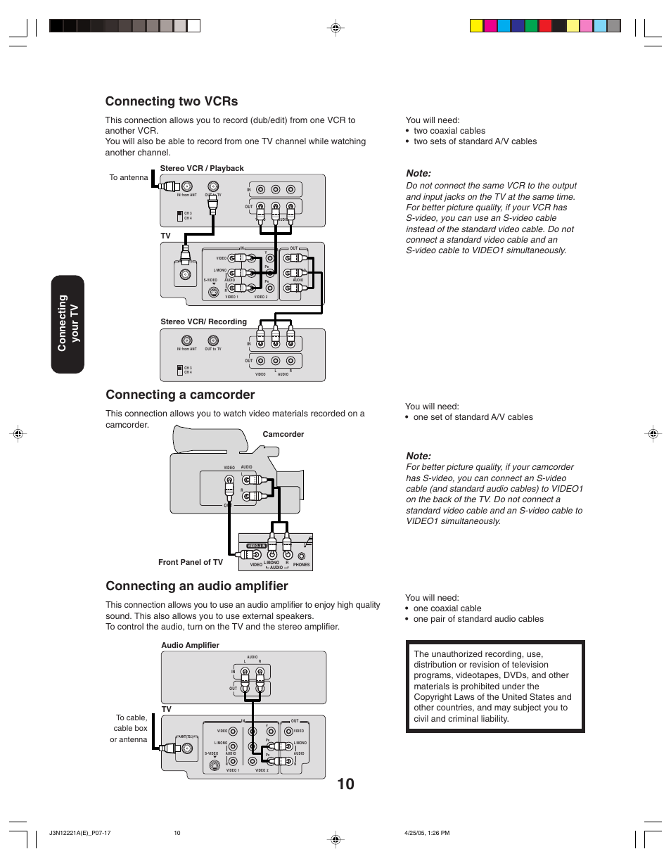 Connecting two vcrs, Connecting a camcorder, Connecting an audio amplifier | Connecting your tv, Camcorder front panel of tv, Stereo vcr / playback tv stereo vcr/ recording | Toshiba 27AFX55 User Manual | Page 10 / 32