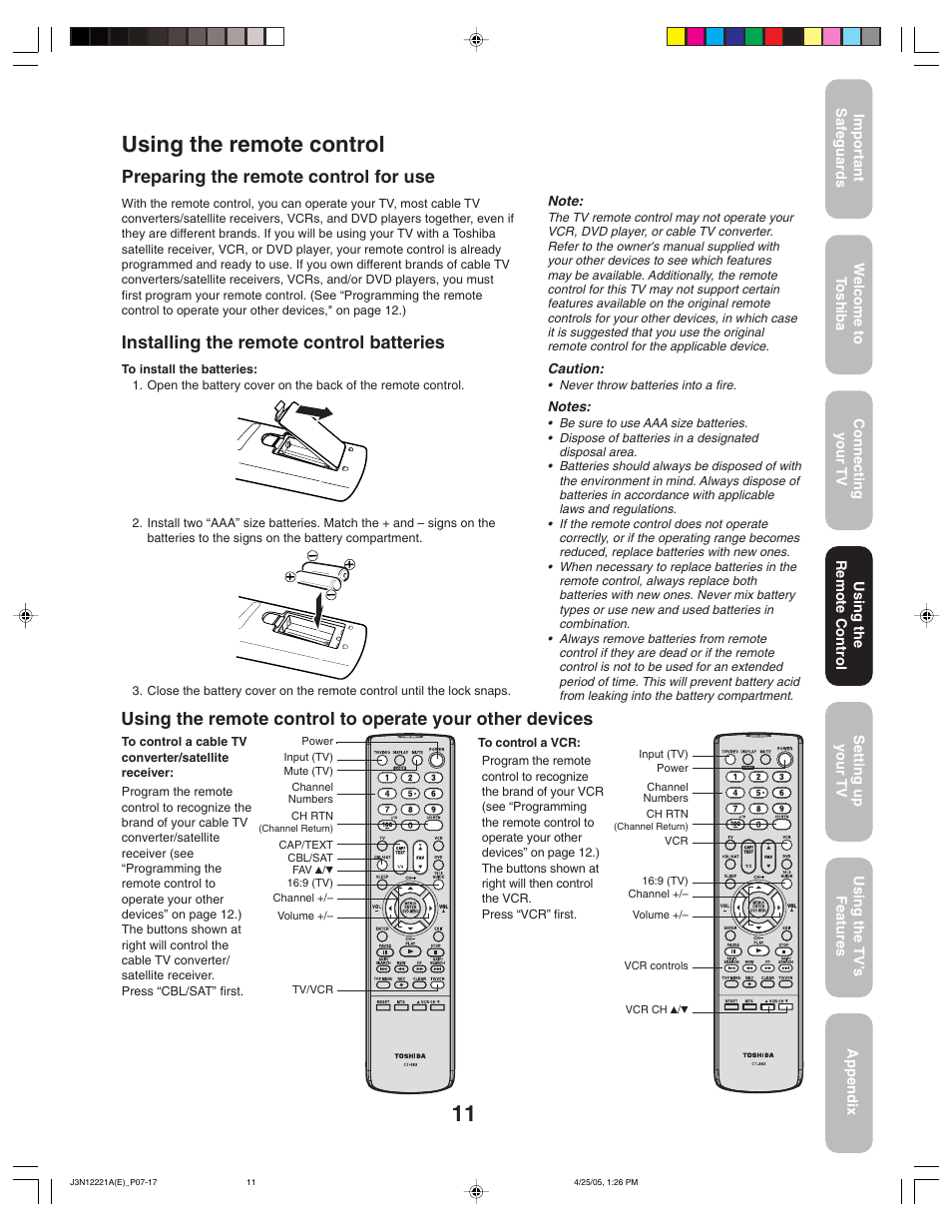 Using the remote control, Preparing the remote control for use, Installing the remote control batteries | Toshiba 27AFX55 User Manual | Page 11 / 32