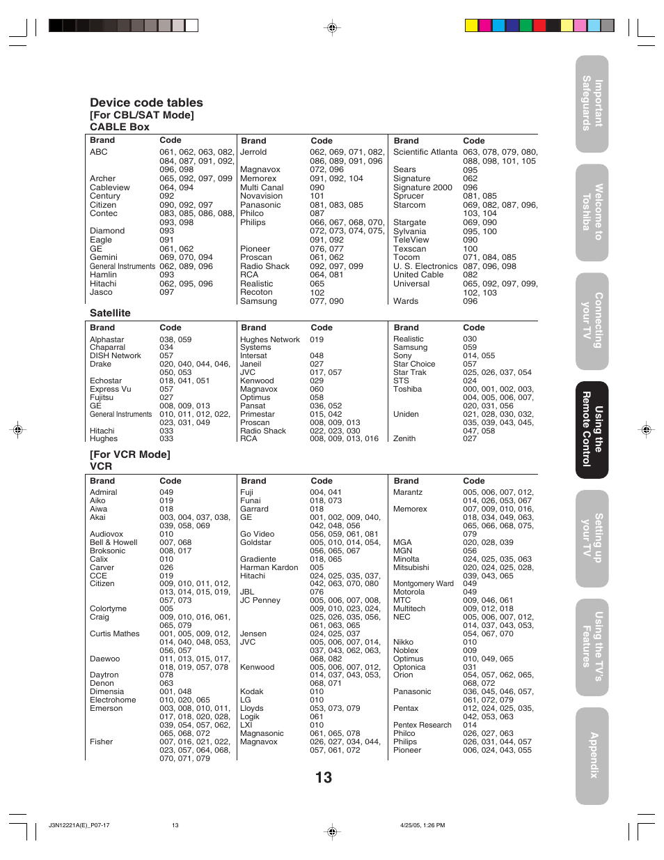 Device code tables | Toshiba 27AFX55 User Manual | Page 13 / 32