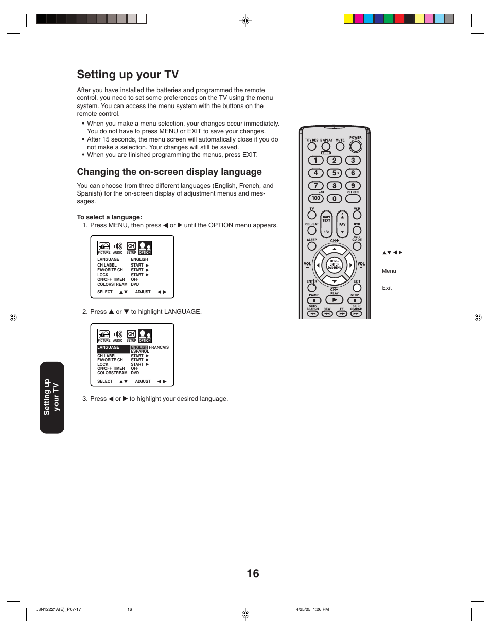 Changing the on-screen display language, Setting up your tv | Toshiba 27AFX55 User Manual | Page 16 / 32