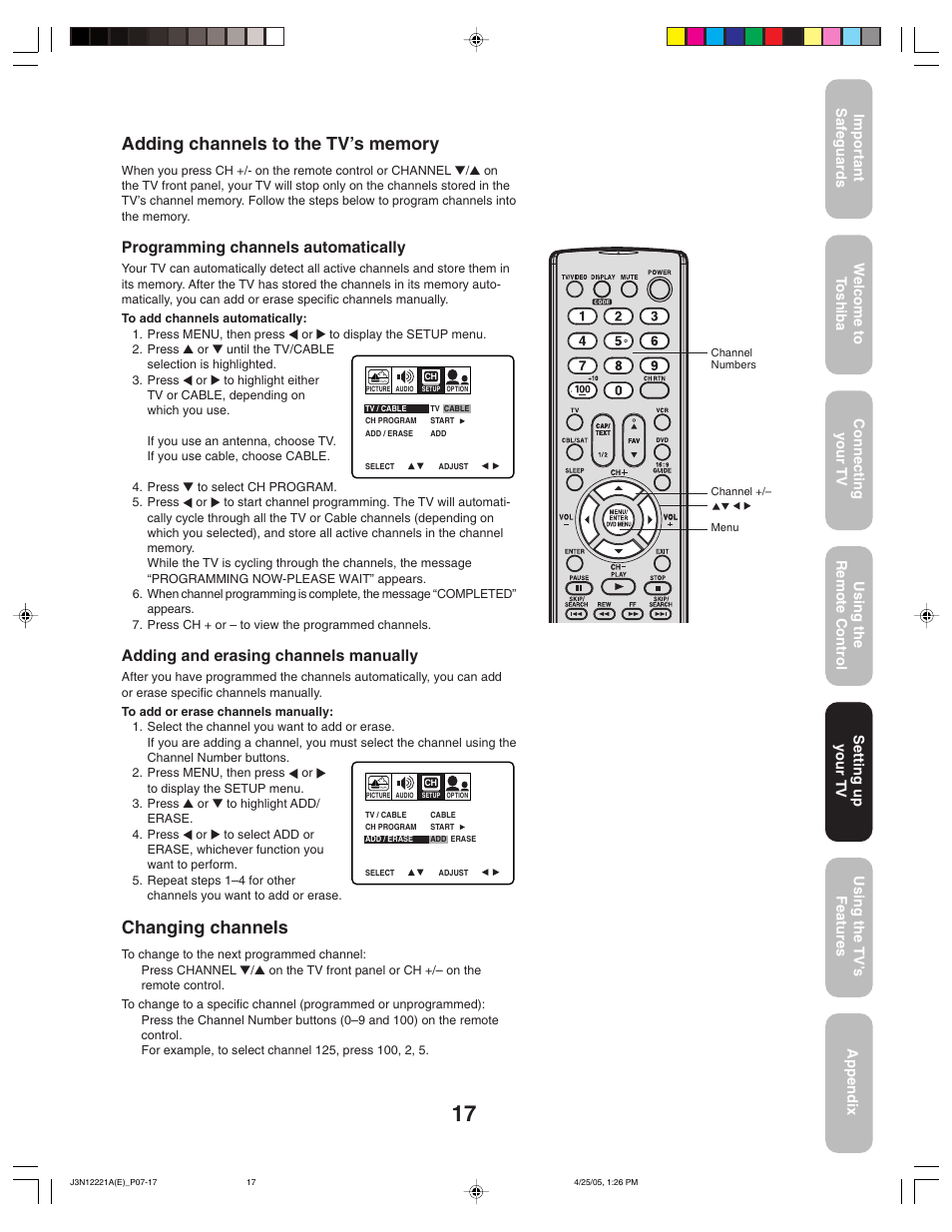 Changing channels, Programming channels automatically, Adding and erasing channels manually | Toshiba 27AFX55 User Manual | Page 17 / 32