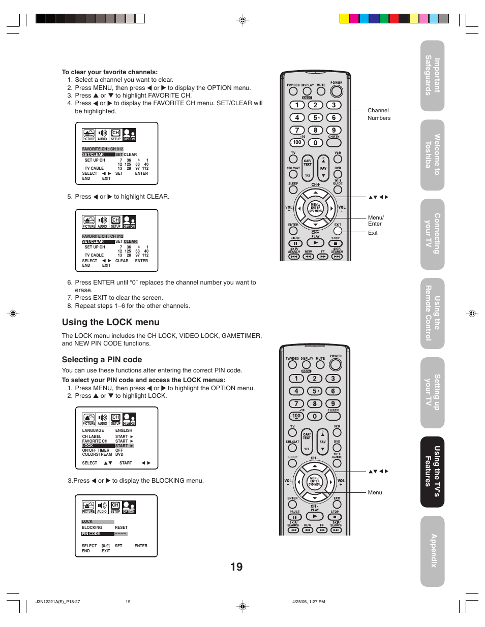 Using the lock menu, Selecting a pin code, Using the tv’ s features | Toshiba 27AFX55 User Manual | Page 19 / 32