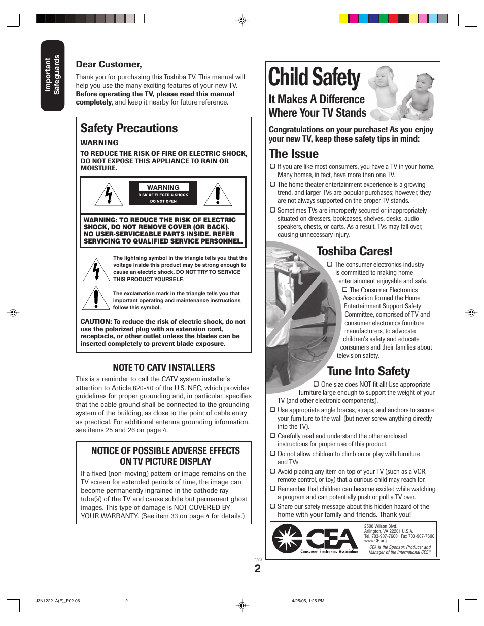 Child safety, It makes a difference where your tv stands, The issue | Toshiba cares, Tune into safety, Safety precautions | Toshiba 27AFX55 User Manual | Page 2 / 32