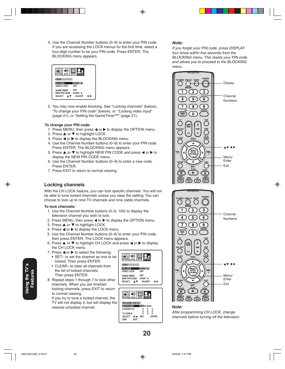 Locking channels, Using the tv ’s features | Toshiba 27AFX55 User Manual | Page 20 / 32