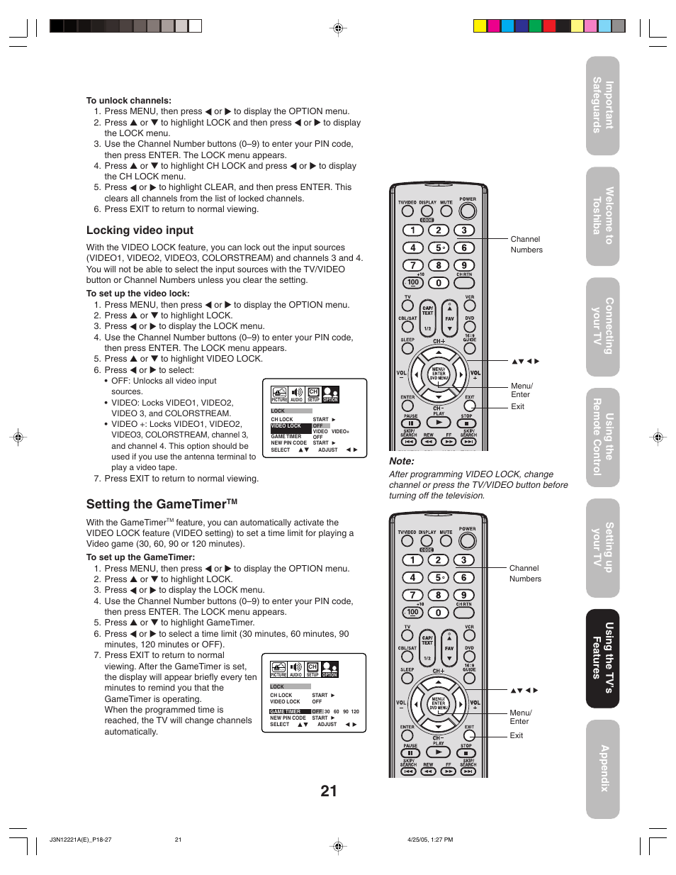 Setting the gametimer, Locking video input | Toshiba 27AFX55 User Manual | Page 21 / 32