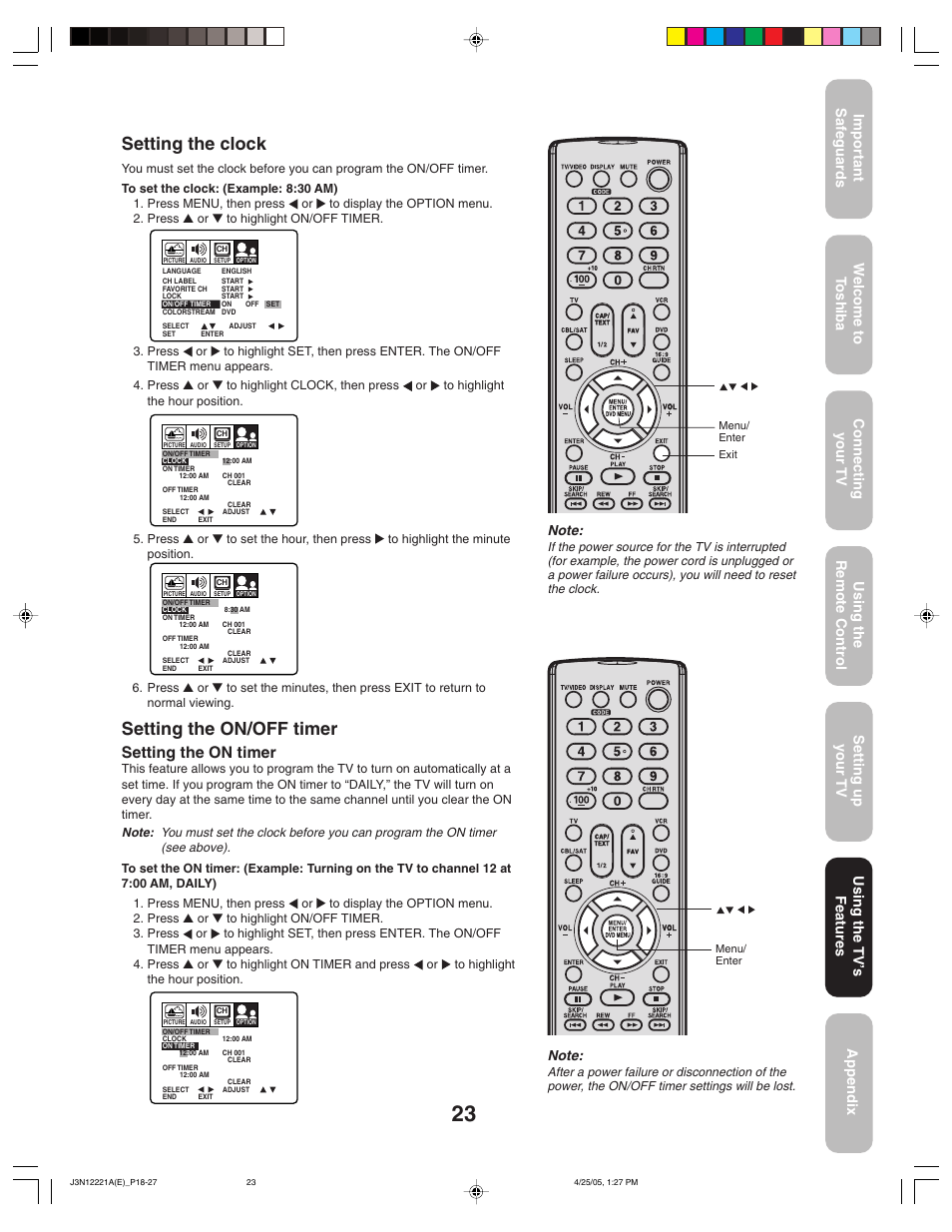 Setting the clock, Setting the on/off timer, Setting the on timer | Using the tv ’s features | Toshiba 27AFX55 User Manual | Page 23 / 32