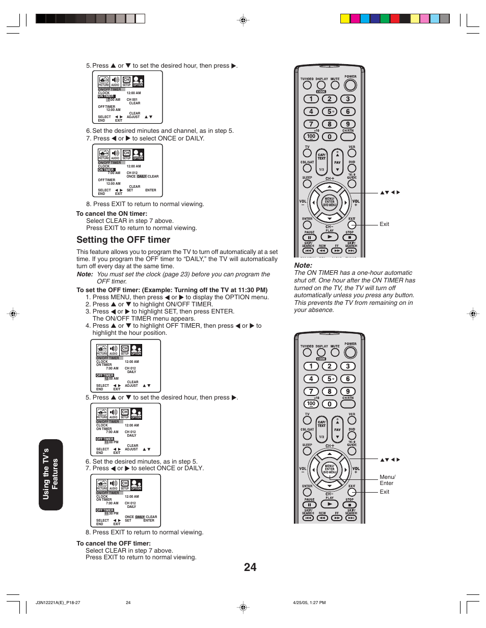 Setting the off timer, Using the tv ’s features | Toshiba 27AFX55 User Manual | Page 24 / 32