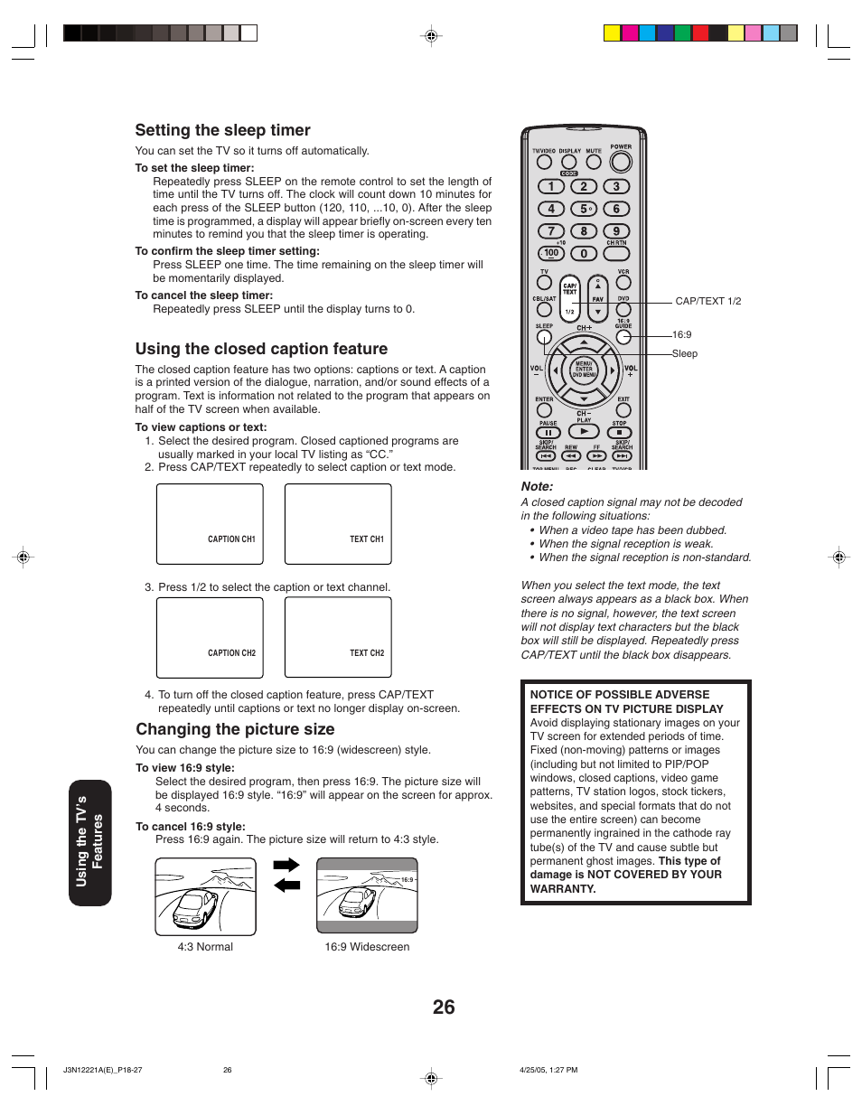 Setting the sleep timer, Using the closed caption feature, Changing the picture size | Toshiba 27AFX55 User Manual | Page 26 / 32