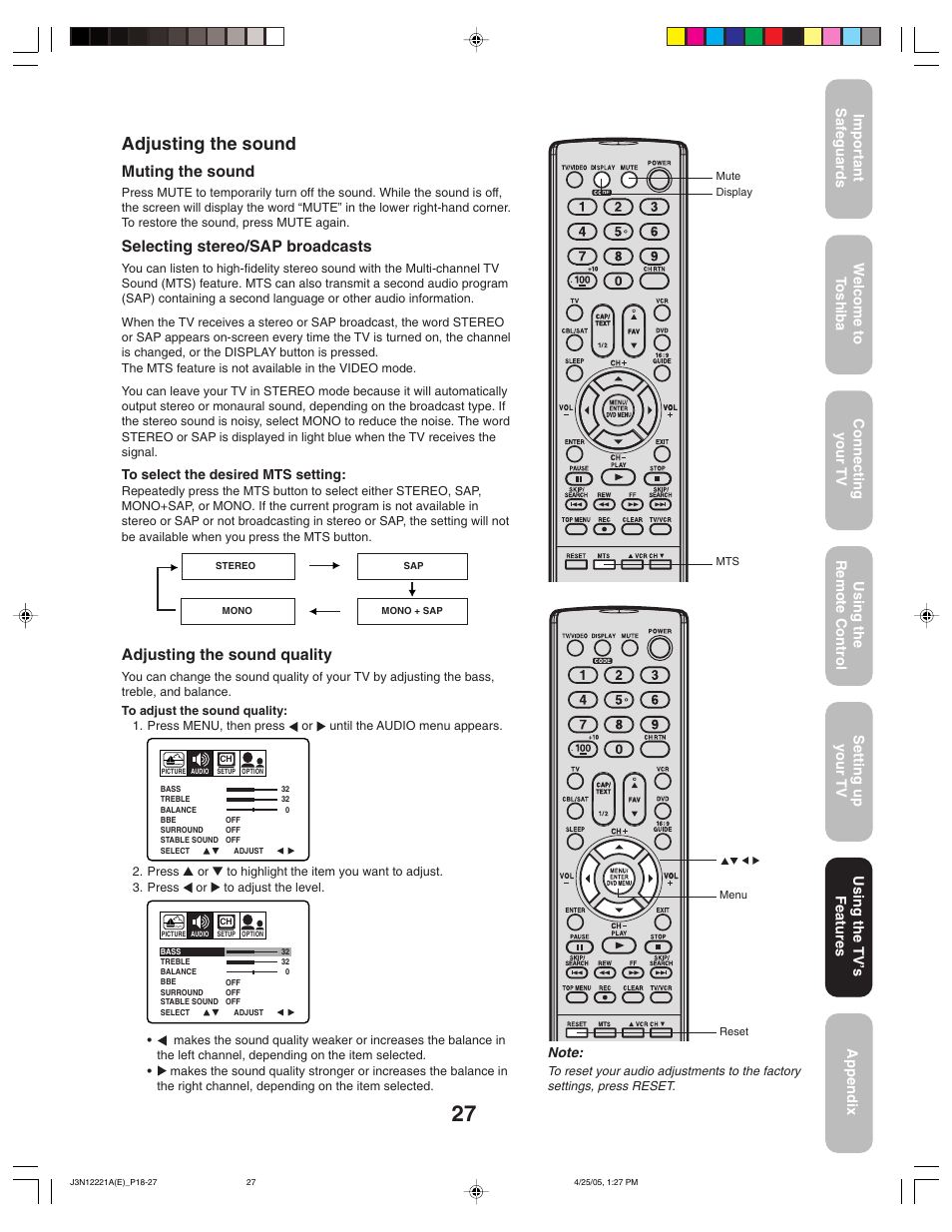 Adjusting the sound, Muting the sound, Selecting stereo/sap broadcasts | Adjusting the sound quality | Toshiba 27AFX55 User Manual | Page 27 / 32