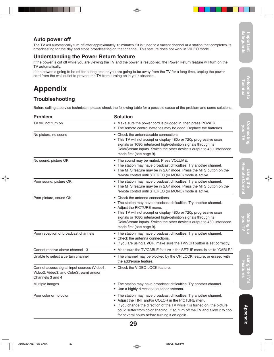 Appendix, Auto power off, Understanding the power return feature | Troubleshooting | Toshiba 27AFX55 User Manual | Page 29 / 32