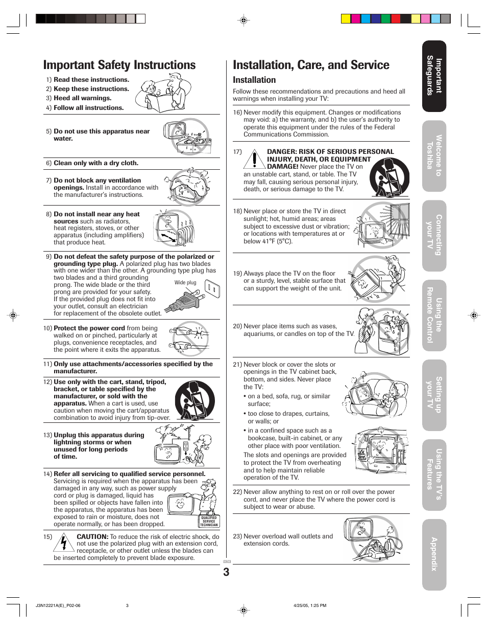 Important safety instructions, Installation, care, and service, Installation | Toshiba 27AFX55 User Manual | Page 3 / 32