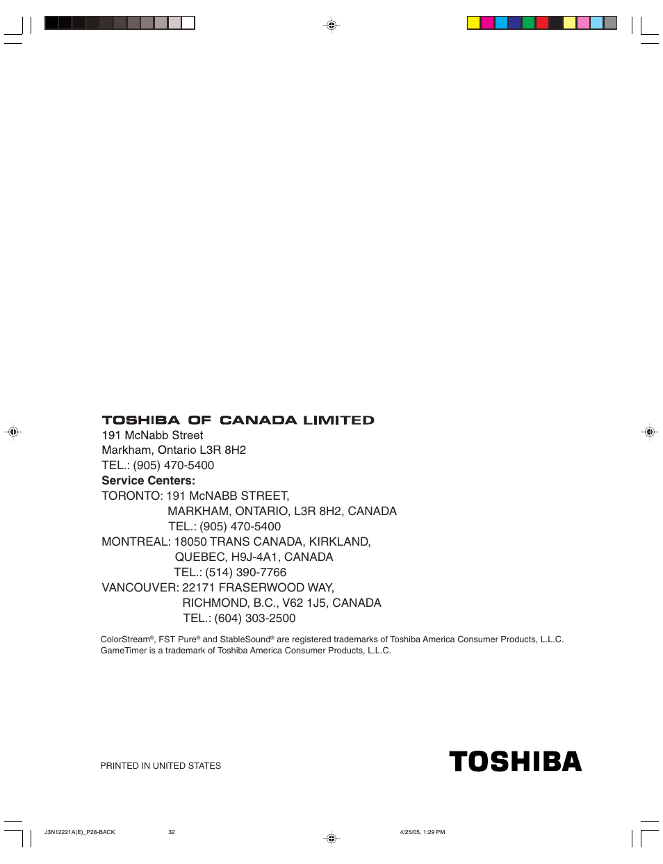 Toshiba 27AFX55 User Manual | Page 32 / 32