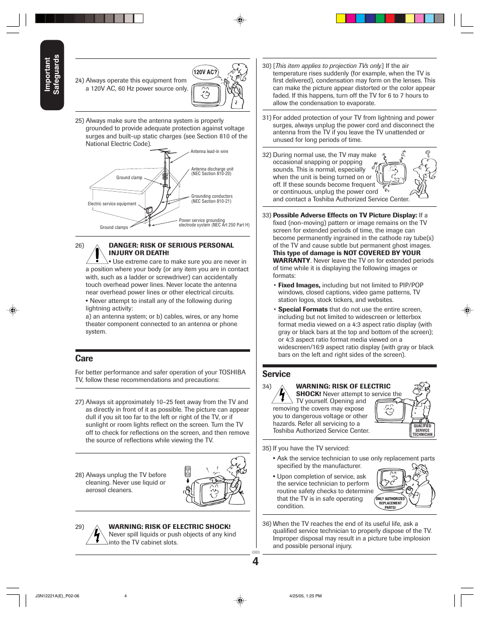 Care, Service | Toshiba 27AFX55 User Manual | Page 4 / 32