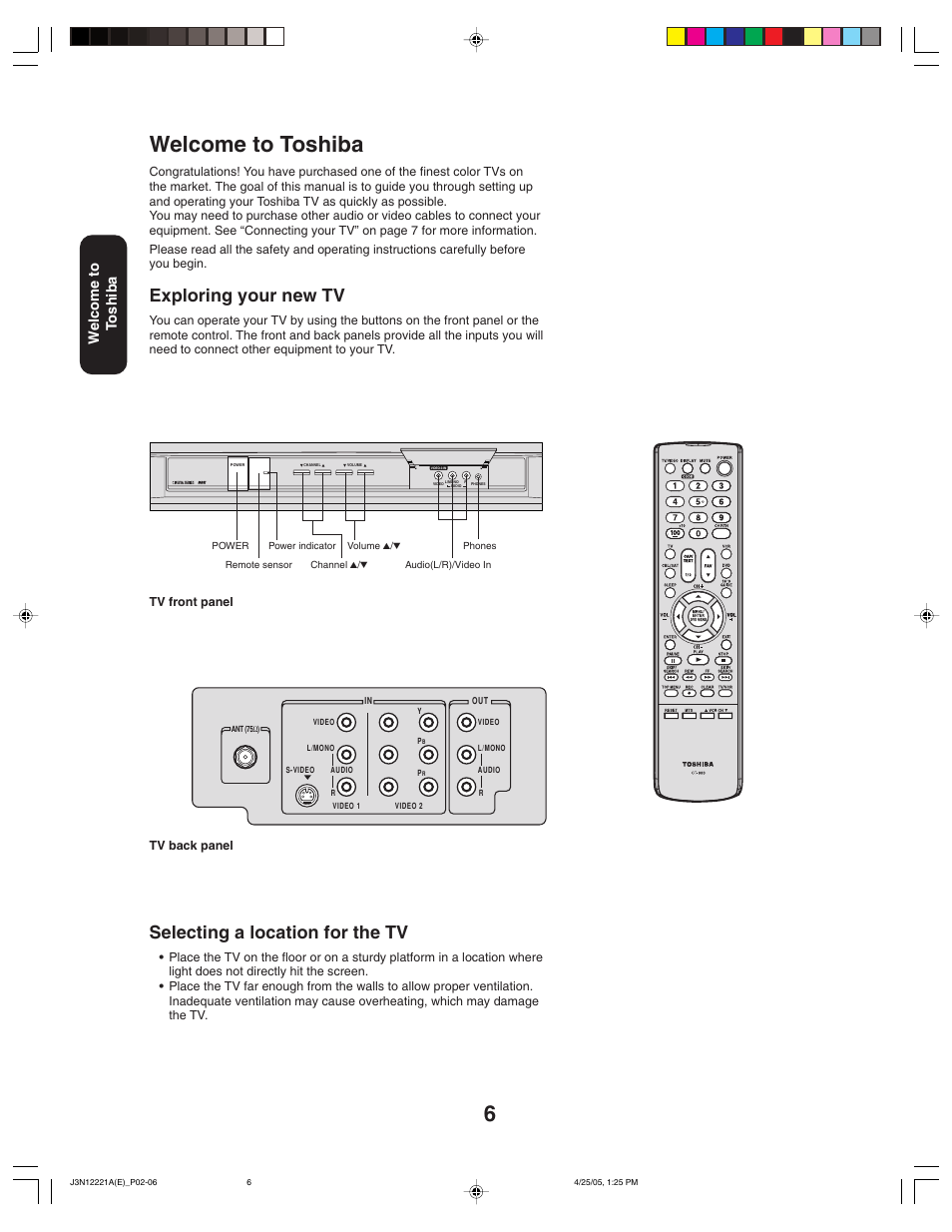 Welcome to toshiba, Selecting a location for the tv, Exploring your new tv | Welcome to t oshiba | Toshiba 27AFX55 User Manual | Page 6 / 32