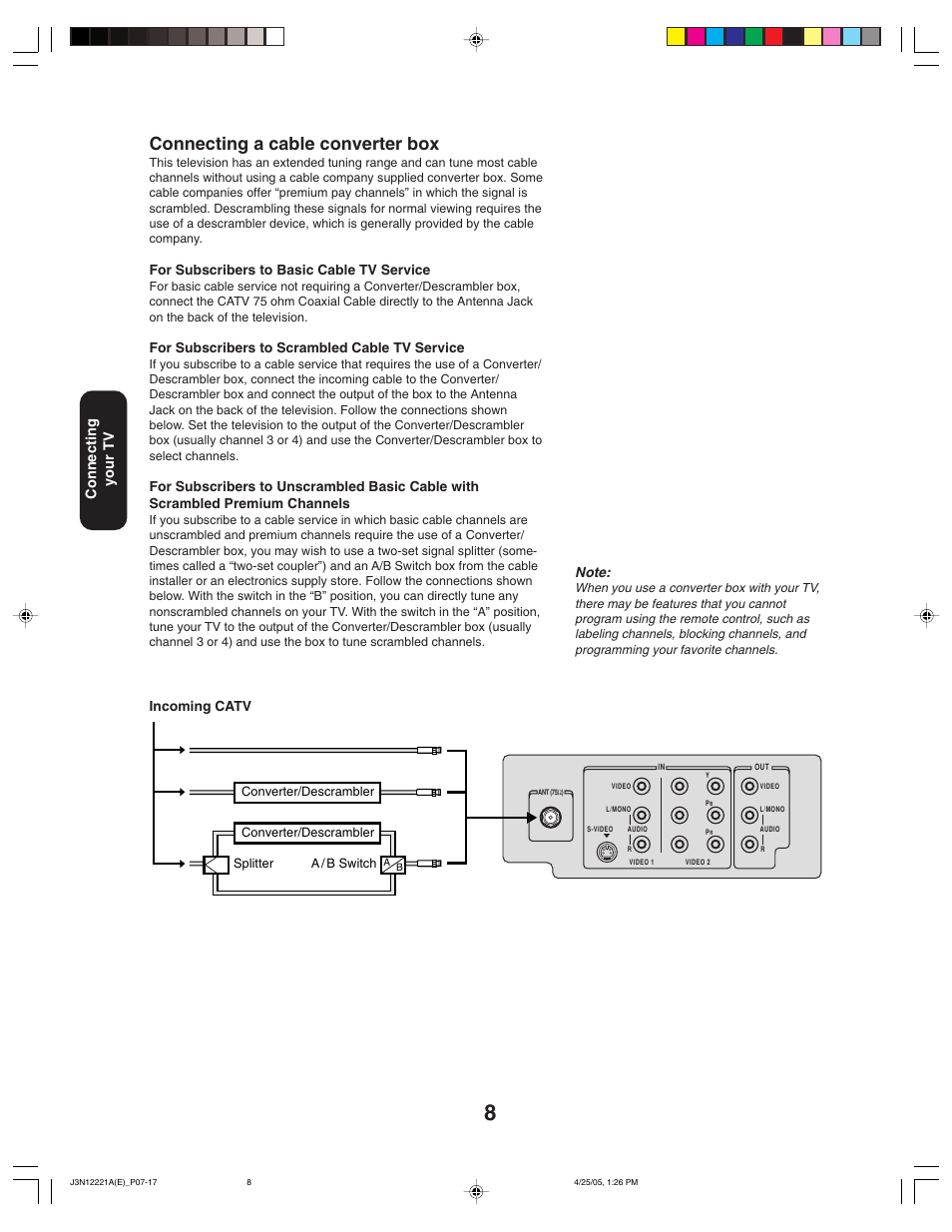 Connecting a cable converter box, Connecting your tv | Toshiba 27AFX55 User Manual | Page 8 / 32