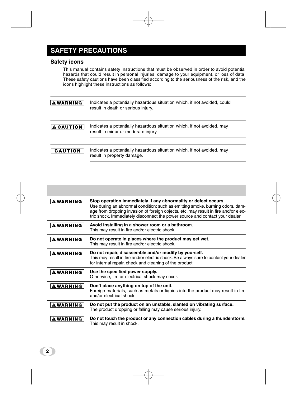 Safety precautions | Toshiba IK-TF5U User Manual | Page 2 / 36
