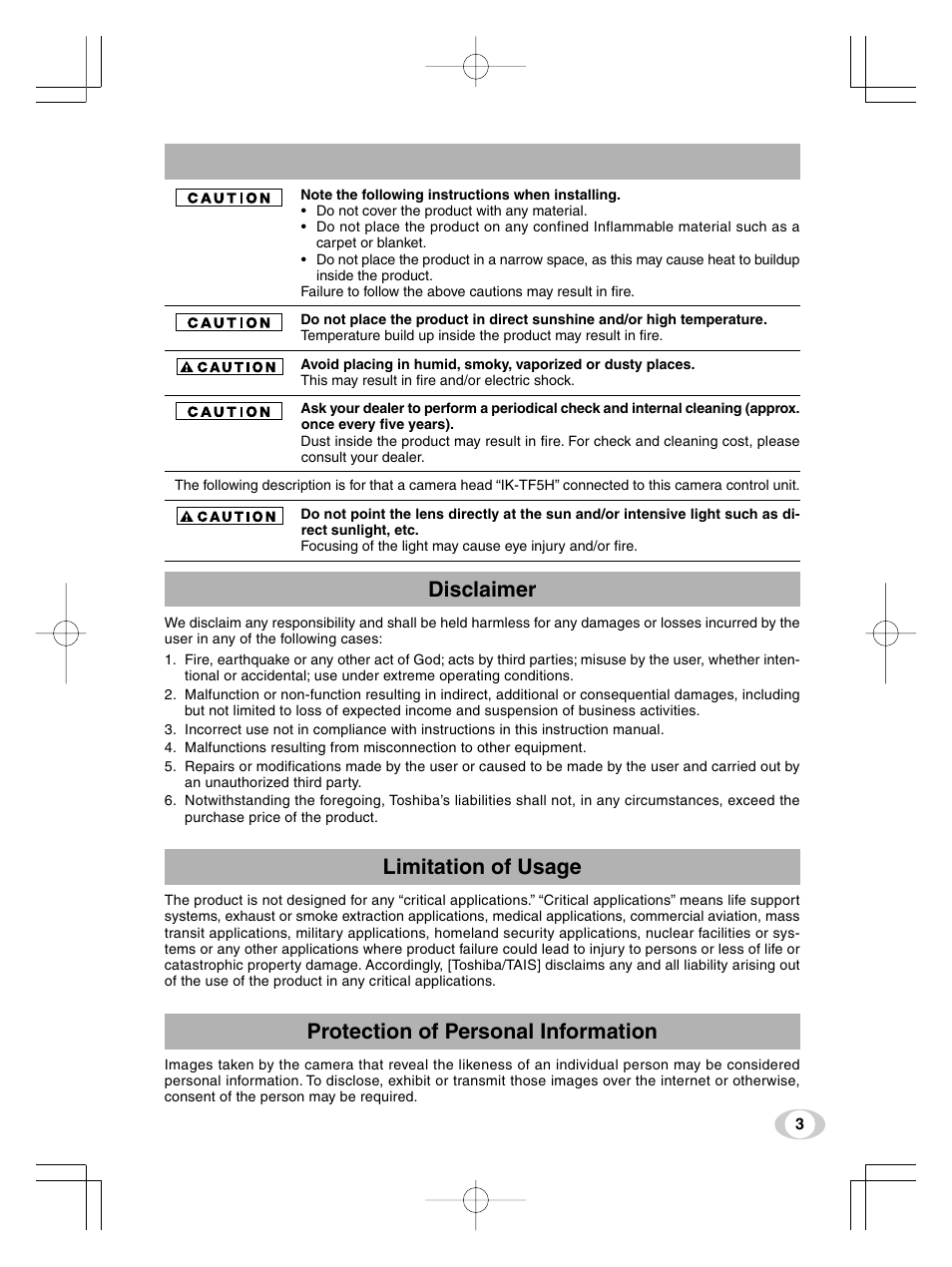 Disclaimer, Limitation of usage, Protection of personal information | Toshiba IK-TF5U User Manual | Page 3 / 36