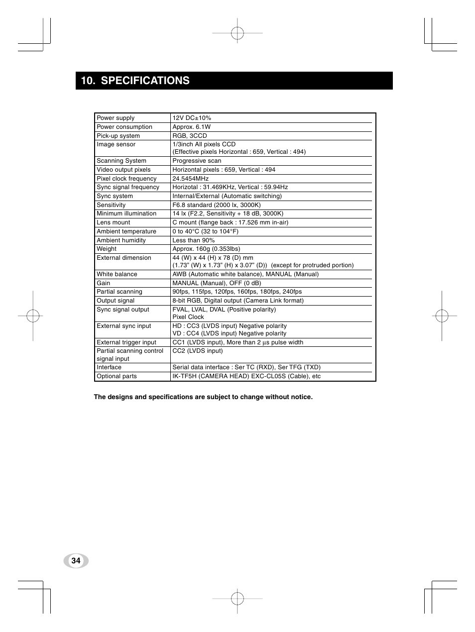Specifications | Toshiba IK-TF5U User Manual | Page 34 / 36