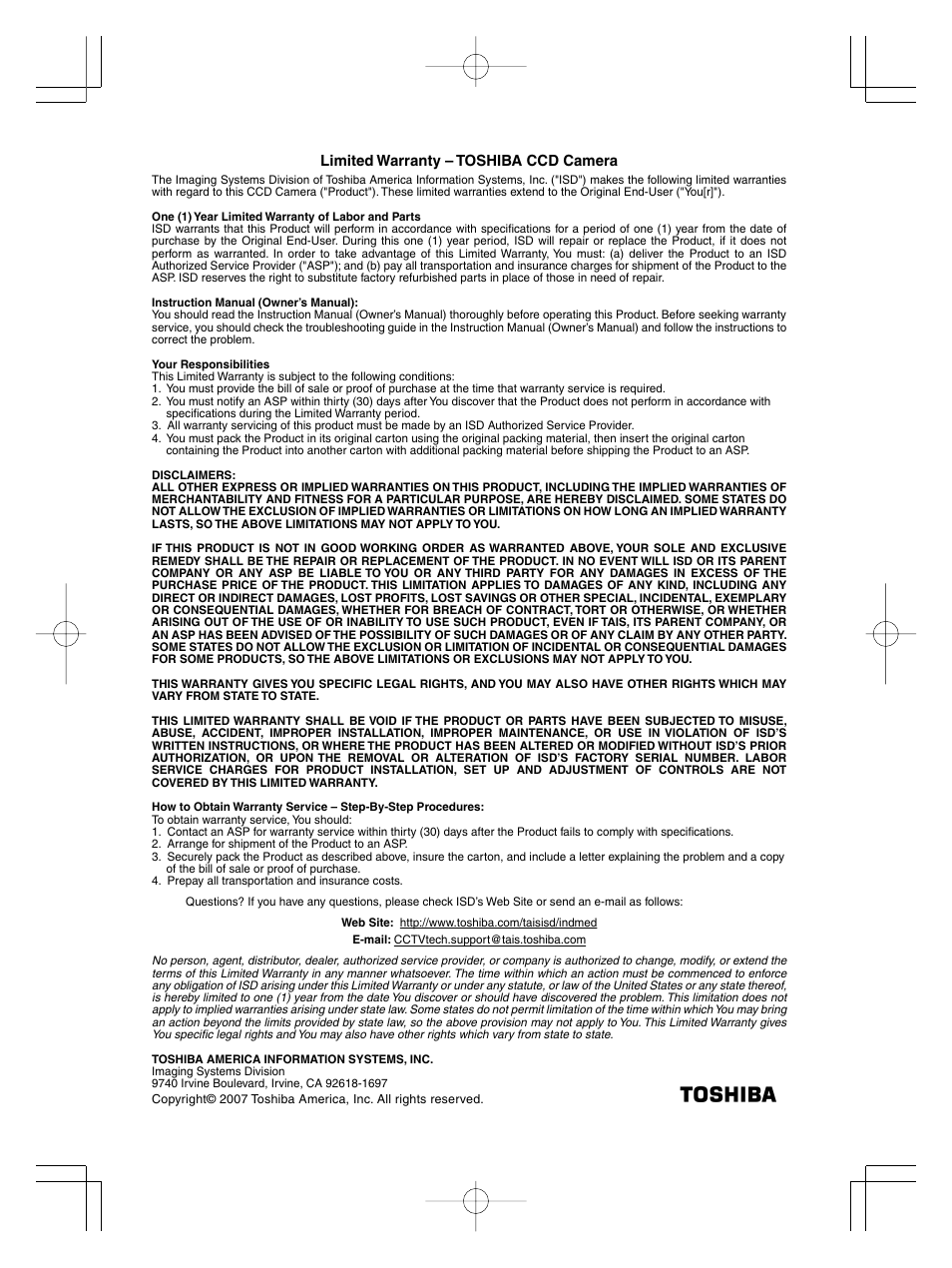 Limited warranty – toshiba ccd camera | Toshiba IK-TF5U User Manual | Page 36 / 36