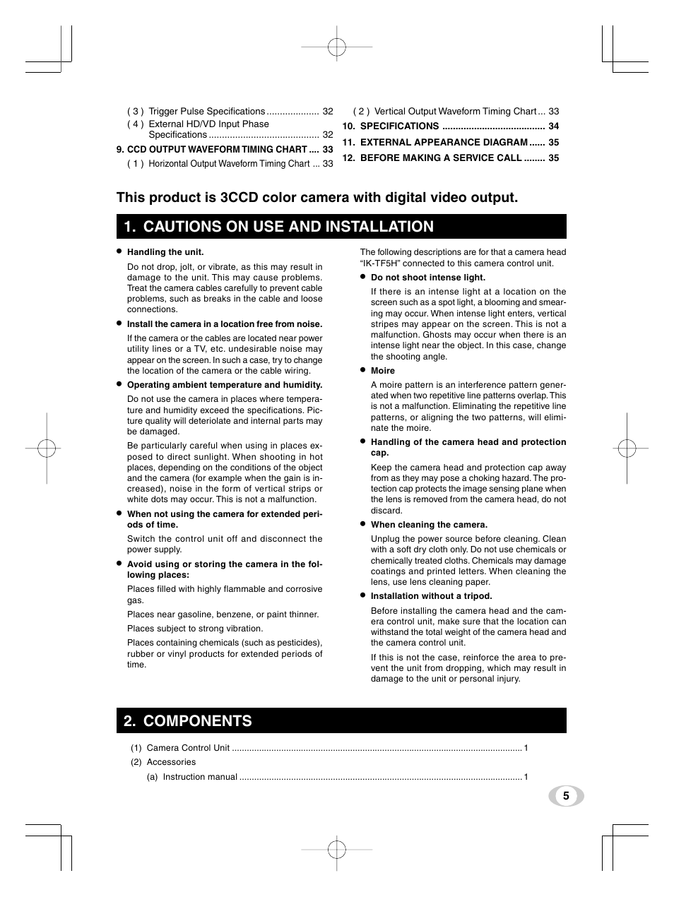 Cautions on use and installation, Components | Toshiba IK-TF5U User Manual | Page 5 / 36