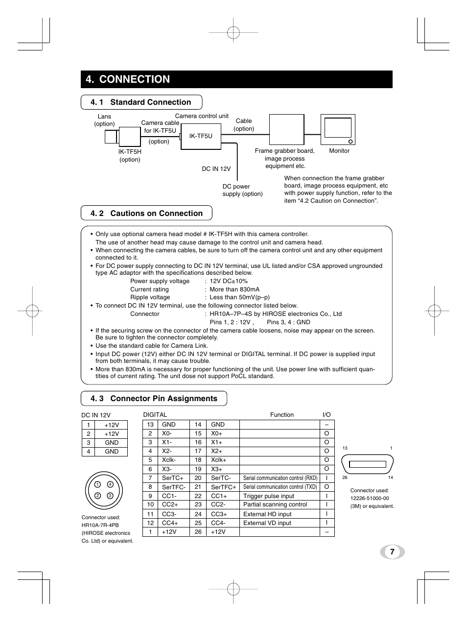 Connection, 1 standard connection, 2 cautions on connection | 3 connector pin assignments | Toshiba IK-TF5U User Manual | Page 7 / 36