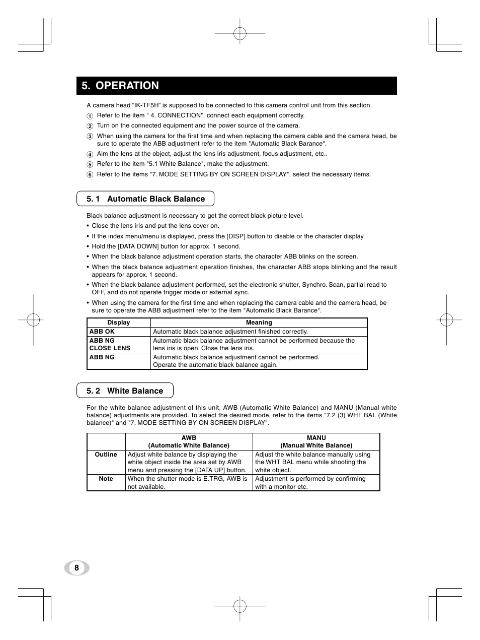 Operation, 1 automatic black balance, 2 white balance | Toshiba IK-TF5U User Manual | Page 8 / 36