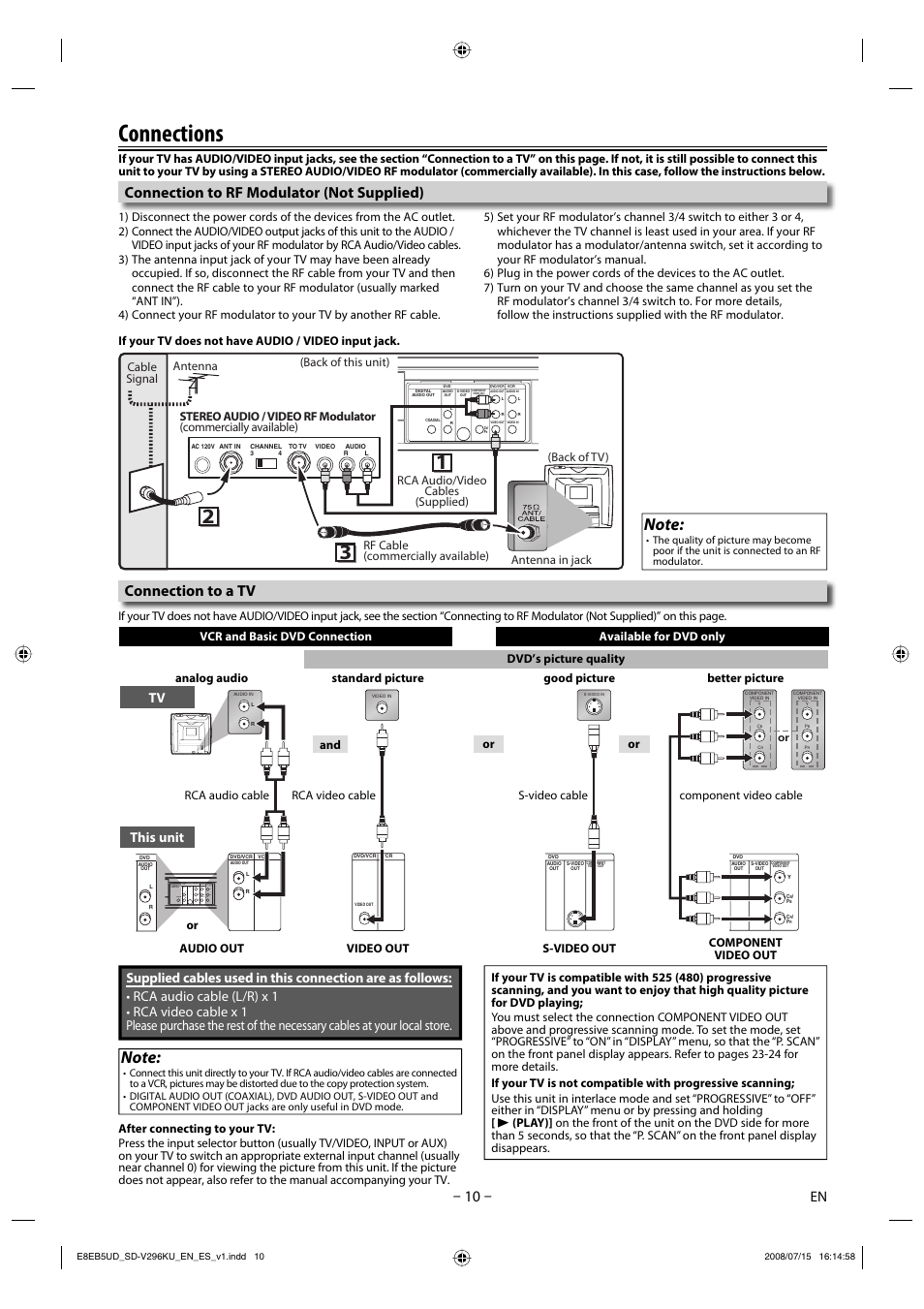 Connections, Connection to a tv, Connection to rf modulator (not supplied) | Tv this unit | Toshiba DVD Video Player/Video Cassette Recorder SD-V296KU User Manual | Page 10 / 36