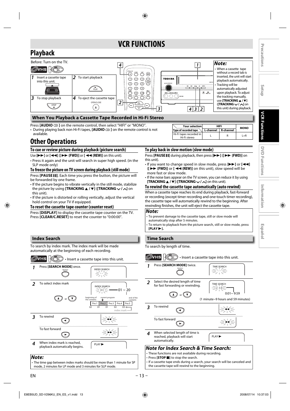 Vcr functions, Playback, Other operations | Index search, Time search | Toshiba DVD Video Player/Video Cassette Recorder SD-V296KU User Manual | Page 13 / 36