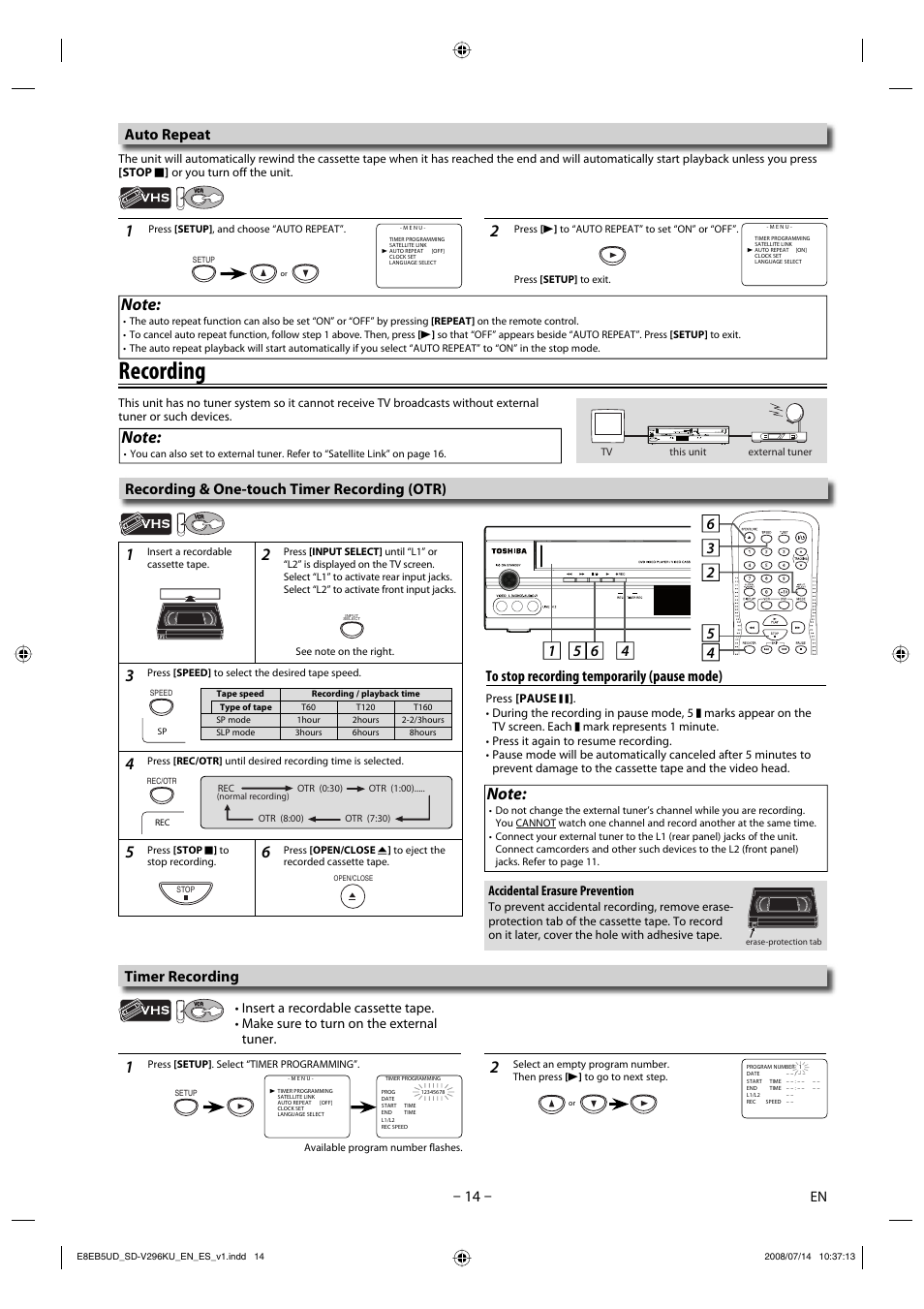 Recording, Auto repeat, Timer recording | Recording & one-touch timer recording (otr), Accidental erasure prevention | Toshiba DVD Video Player/Video Cassette Recorder SD-V296KU User Manual | Page 14 / 36