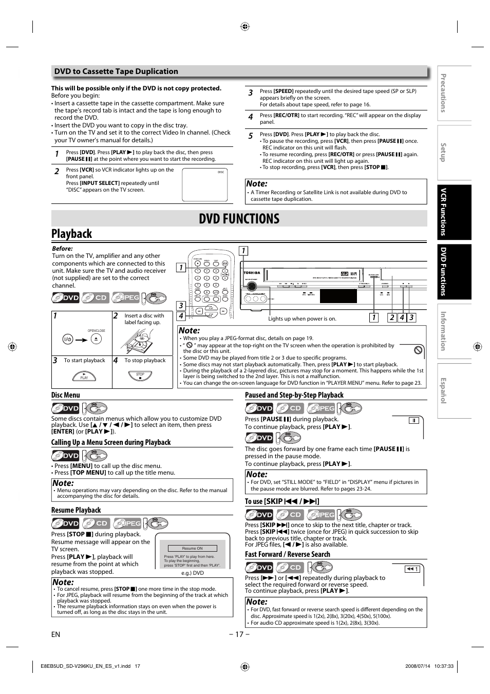 Dvd functions, Playback, 17 – paused and step-by-step playback | Fast forward / reverse search, Disc menu, Calling up a menu screen during playback, Resume playback, 1dvd to cassette tape duplication | Toshiba DVD Video Player/Video Cassette Recorder SD-V296KU User Manual | Page 17 / 36