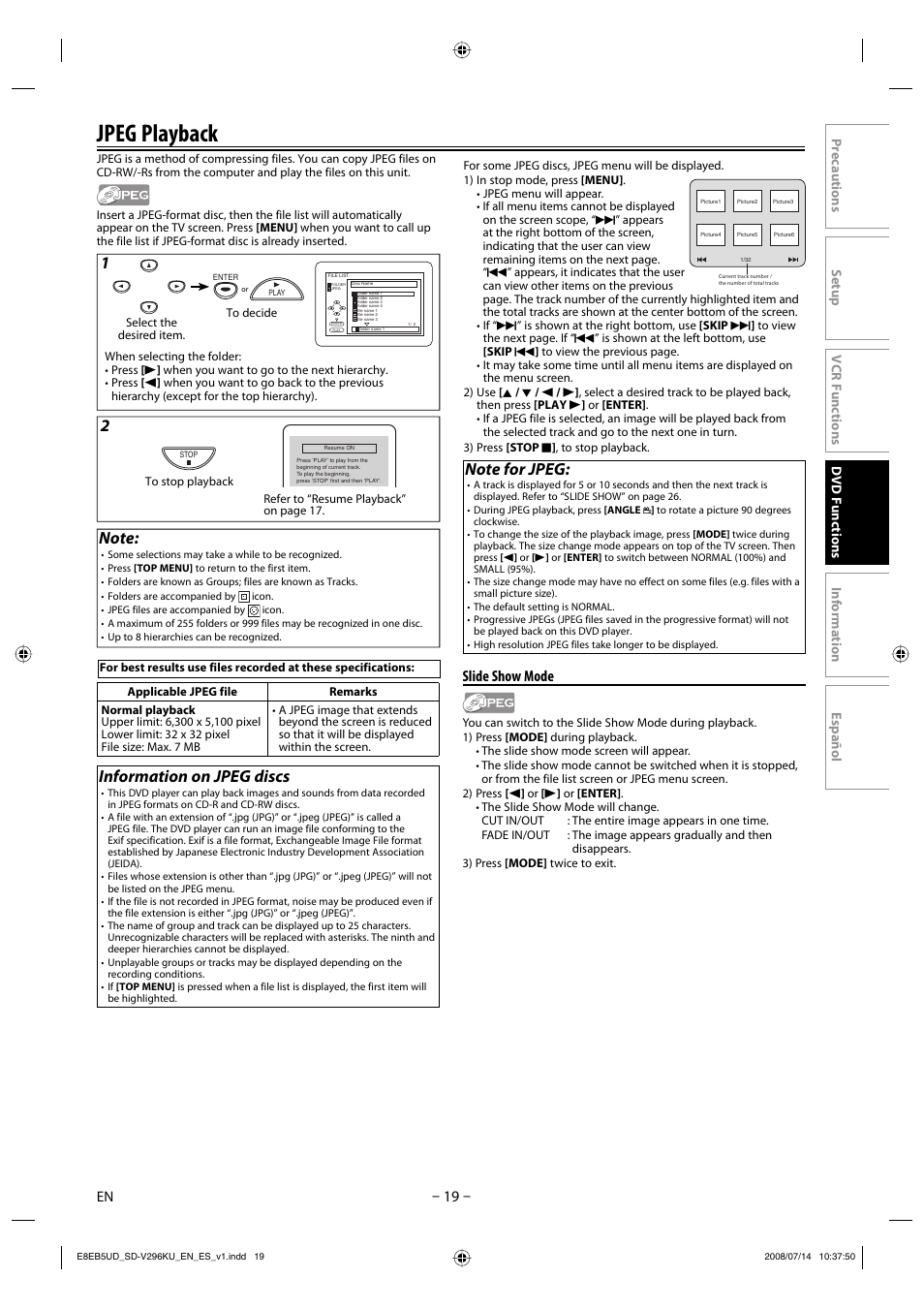 Jpeg playback, Information on jpeg discs, Slide show mode | Toshiba DVD Video Player/Video Cassette Recorder SD-V296KU User Manual | Page 19 / 36