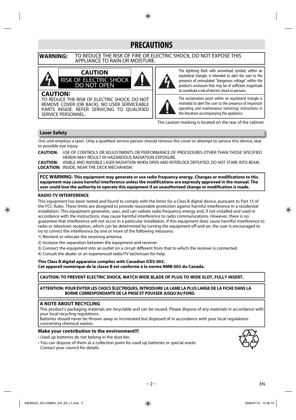 Precautions, Caution, Caution risk of electric shock do not open | Warning | Toshiba DVD Video Player/Video Cassette Recorder SD-V296KU User Manual | Page 2 / 36