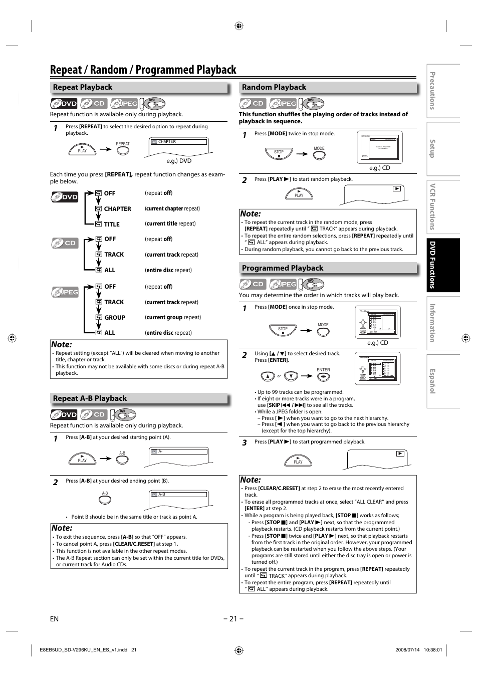 Repeat / random / programmed playback, Repeat playback, Programmed playback | Random playback, Repeat a-b playback | Toshiba DVD Video Player/Video Cassette Recorder SD-V296KU User Manual | Page 21 / 36